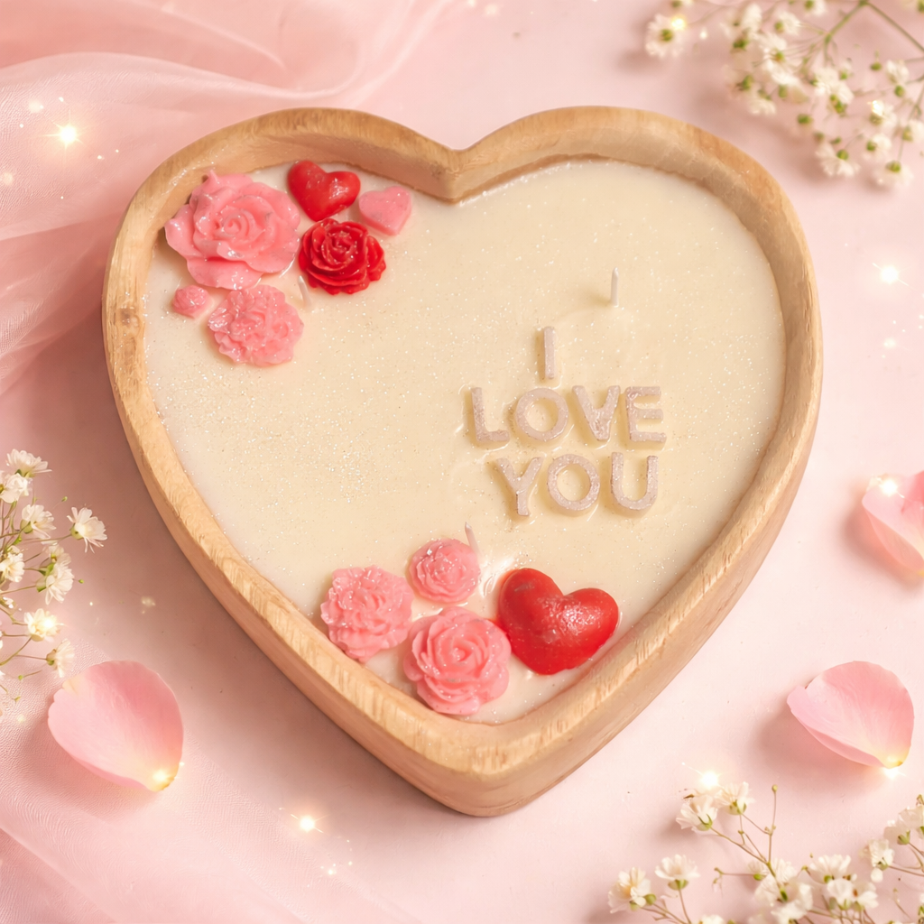 “I Love You” Heart Candle – Romantic Rose & Heart Wax Design
